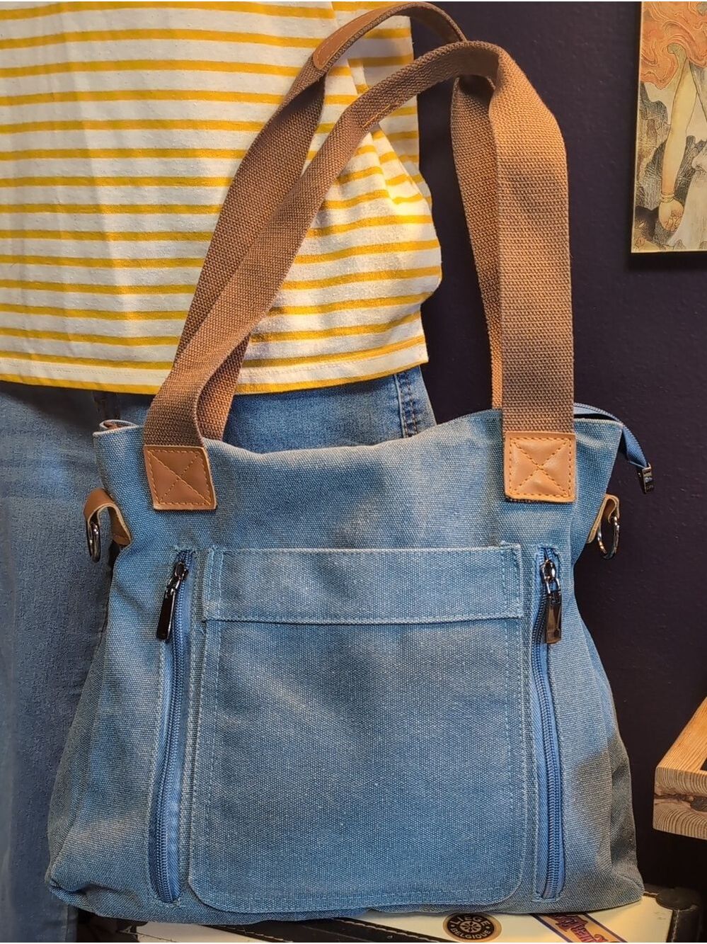Canvas Tote Bag with Front Side Zip Pockets - Denim Blue - Picture 2 of 11